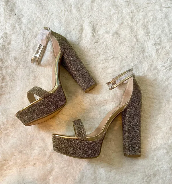 Bamboo Gold metallic glittery felt platform pump high heels with clear buckle straps - Image 6