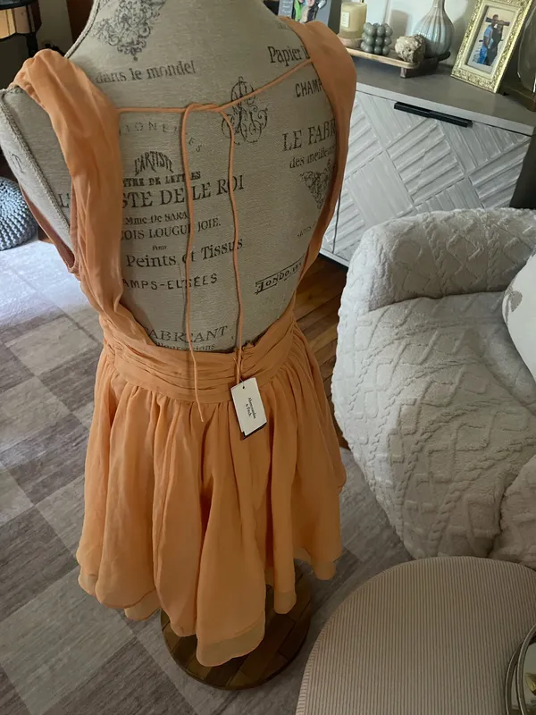 This orange Abercrombie & Fitch mini dress features a deep V-neckline, a ruched waistband, and a flared chiffon skirt - Image 4