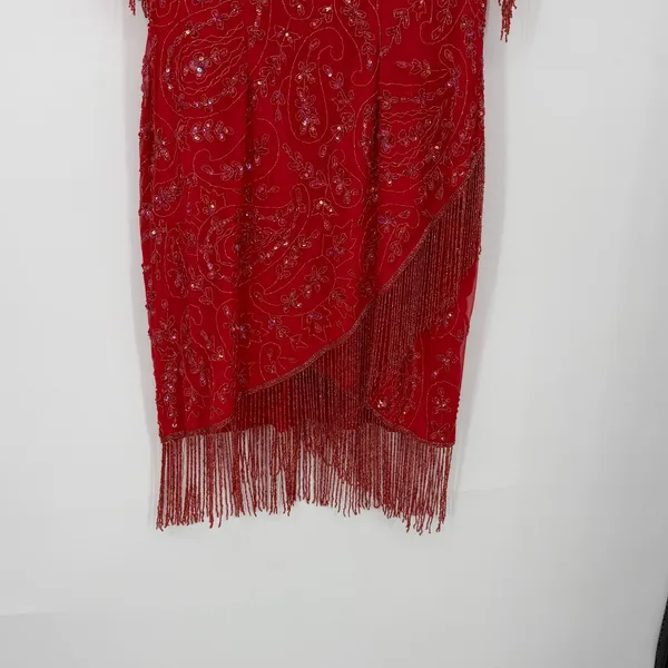 Vintage Red 100% Silk Beaded‎ Sequin Fringe Flapper Cocktail Dress - Image 3