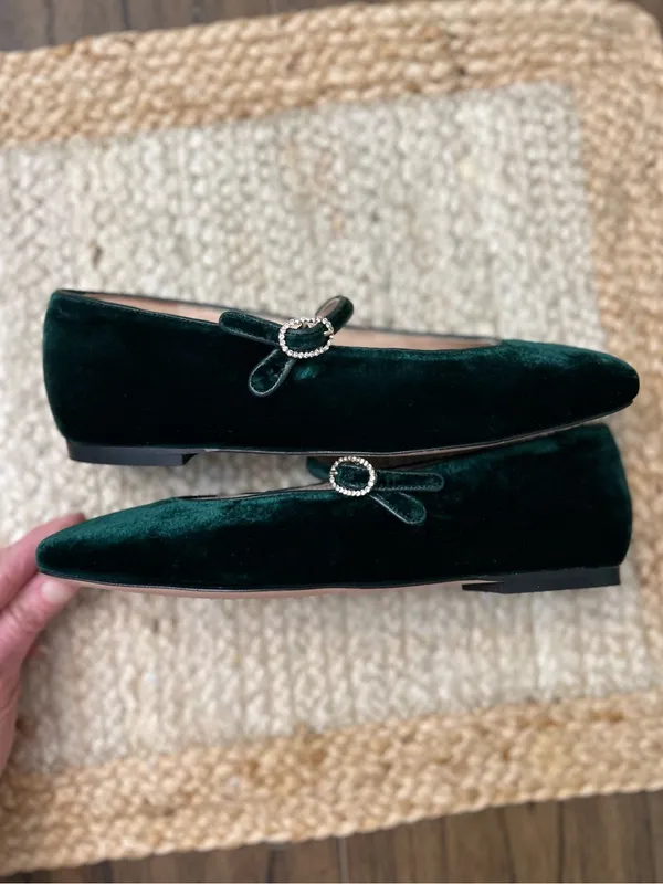 J. Crew Forest Green Velvet Anya Mary Jane Flats with Rhinestone Buckle Size 6 - Image 6