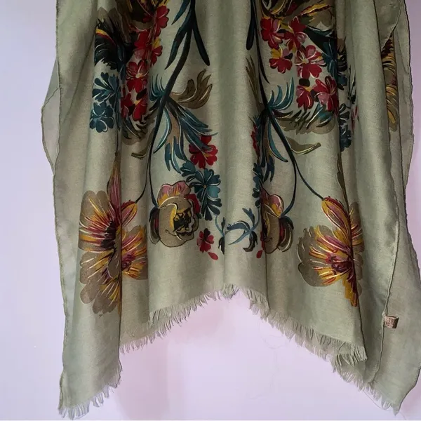 Tan Boho Floral Ruana Longline Shawl Lightweight Wrap - Image 13