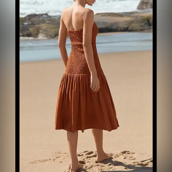 Anthropologie CELANDINE Strapless‎ Popcorn Midi Dress Burnt orange midi dress - Image 2