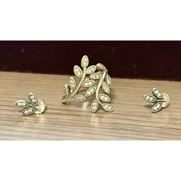 Authentic PANDORA “Sparkling Leaves” Ring & Earring Set -Sterling & CZ's -Sz 7.5 - Image 5