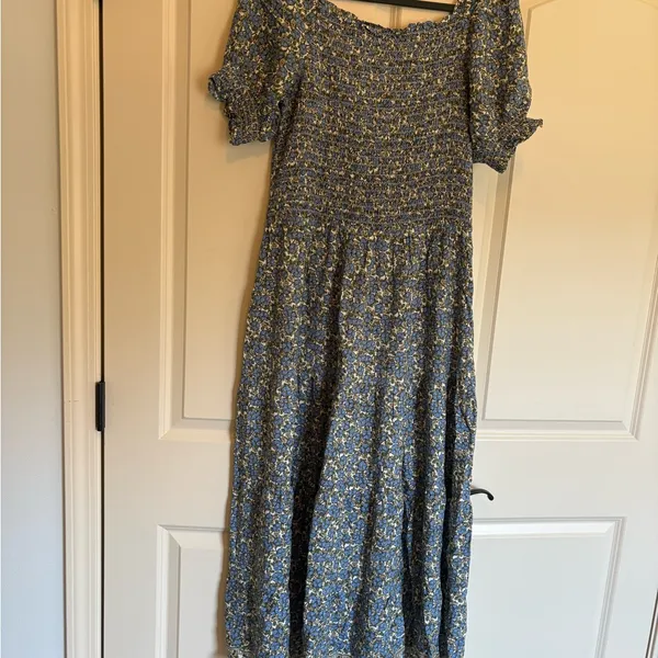 Max Studio Floral Smocked Prairie Cottage Dress with Blue Green and White - Image 2