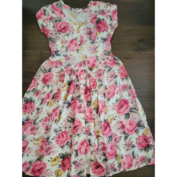 Vintage STARINA Floral Cottage Core Dress SZ M Pink Rose Button Front & Pockets - Image 6