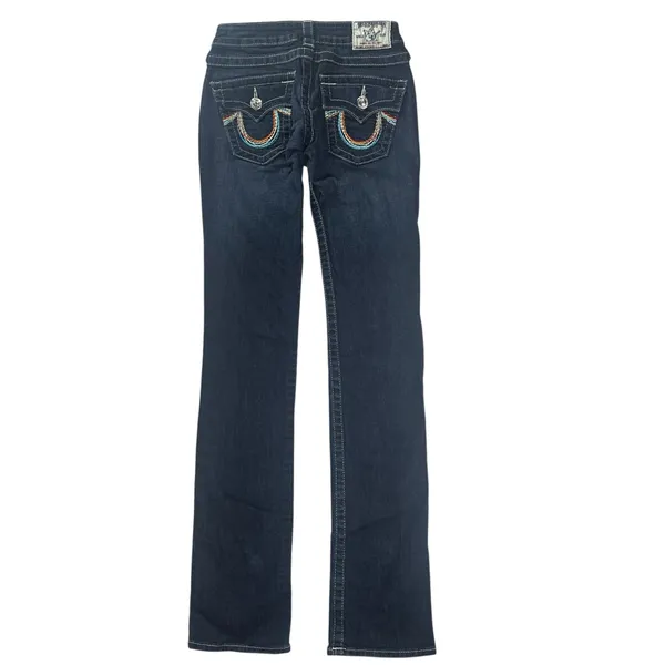 True Religion Straight Jeans Low Rise Rainbow Stitch Stretch Dark Wash Size 24 - Image 3