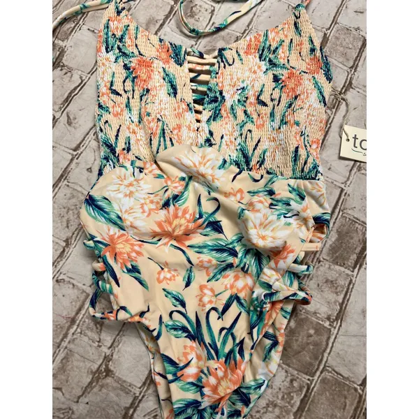 Tori Praver‎ Seafoam Swimwear Womens XS Peach Floral NWT Smocked One Piece - Image 4
