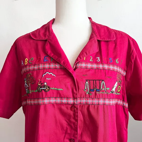 Bobbie Brooks Red Teacher‎ Embroidered Shirt, Whimsical Retro Vintage 14W/18W - Image 2