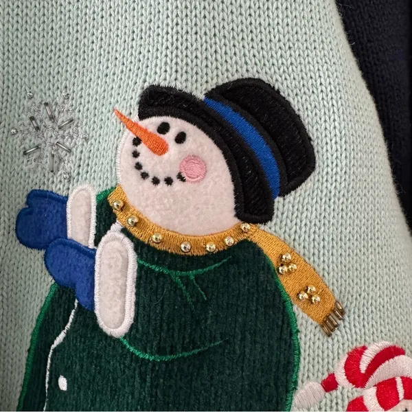 Quacker Factory Snowman Winter Cardigan Sweater‎ Appliqué Beads Colorful Large - Image 5