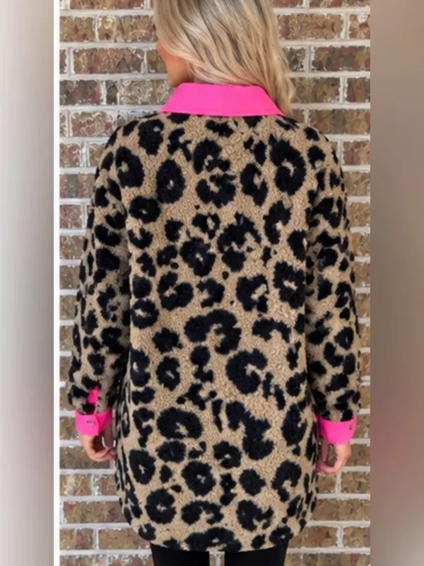 BiBi Leopard Sherpa Jacket Shacket with Neon PINK Trim NEW women’s size LARGE - Image 2
