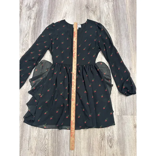 Wildfox Black‎ Rosebud Print Deep V-Neck Ruffle Mini Dress Long Sleeve Medium - Image 6