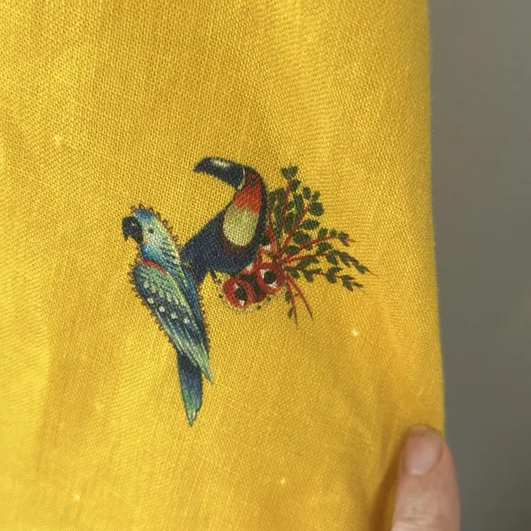 Farm Rio 100% Linen Jungle Tucanos Button Midi Yellow Embroidered Dress Sz XS - Image 14