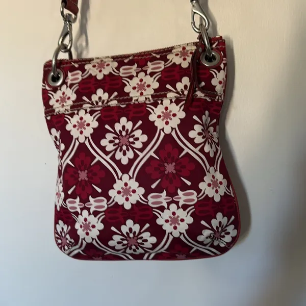 Fossil‎ Red Floral Canvas Leather Trim Crossbody Bag Small Messenger Purse - Image 6