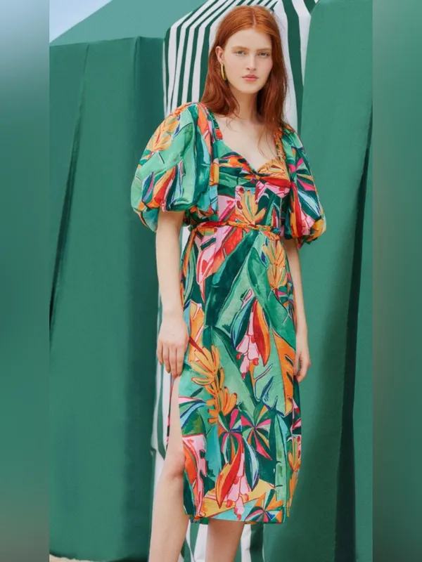 Farm Rio Puff-Sleeve Midi Dress Banana Leaf - Image 4