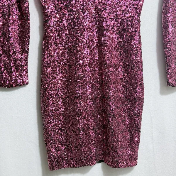 Dress the Population Pink Sequin Deep V-Neck Long Sleeve Sheath Mini Dress Sz S - Image 7