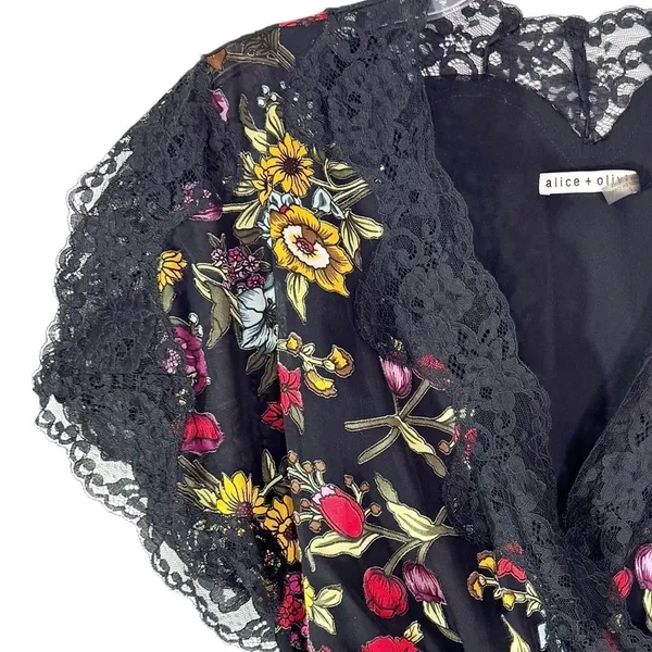Alice + Olivia Adele Floral Wrap Midi Dress with Lace Trim Black Size 2 - Image 8
