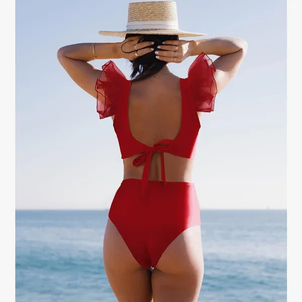 Women High Waisted Swimsuit Organza Ruffle Bikini Twist Front Bathing Suit - Image 3
