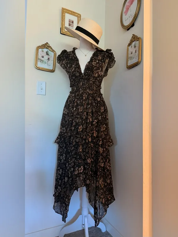 Ulla Johnson Black Floral Asymmetrical Midi Dress 100% Silk - Image 5