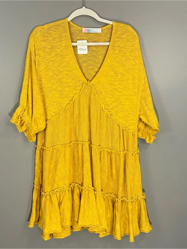 Free People Tunic Dress Women S Gold New Tiered Boho Knit V-Neck OB1369017 - Image 2