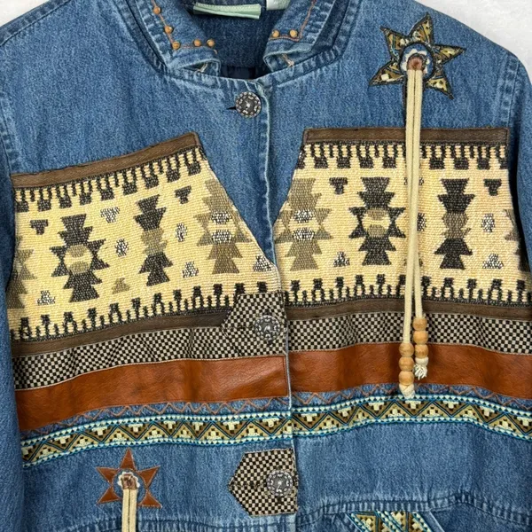 Vintage 220‎ Hickory Western Southwestern Aztec Denim Jacket Faux Leather Trim - Image 9
