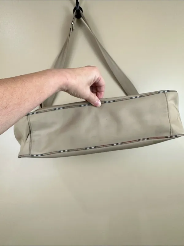Burberry Fragrance Messenger Bag Tan Beige Plaid Trim Crossbody Adjustable - Image 10