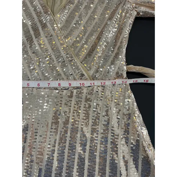 Nanette Lepore Sequin Wrap Dress Women Size 8 Gold Great Long Sleeve Velvet Belt - Image 8