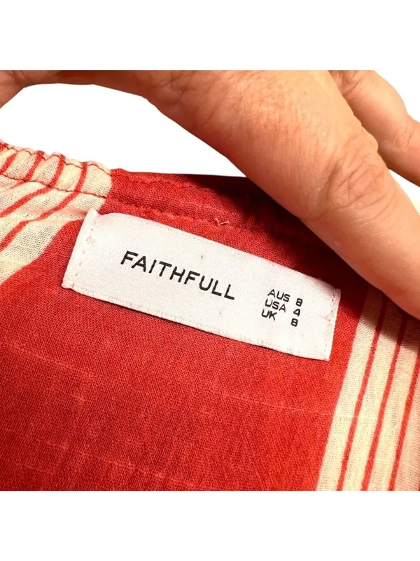 Faithfull The Brand Amalfi off-Shoulder Rust Red Striped Mini Dress Size Small - Image 8