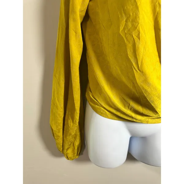 Anthropologie Mustard Floral Jacquard Surplice Balloon Sleeve Wrap Blouse Size S - Image 3