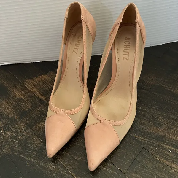 Women’s Schutz Myrine Nubuck Beige Nude Mesh Leather High Heel Sexy Pump 7.5 - Image 3
