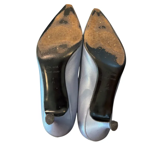Escada Kitten Heel Pumps Size 8.5 Blue Metallic Pointed Toe Leather Italy - Image 7
