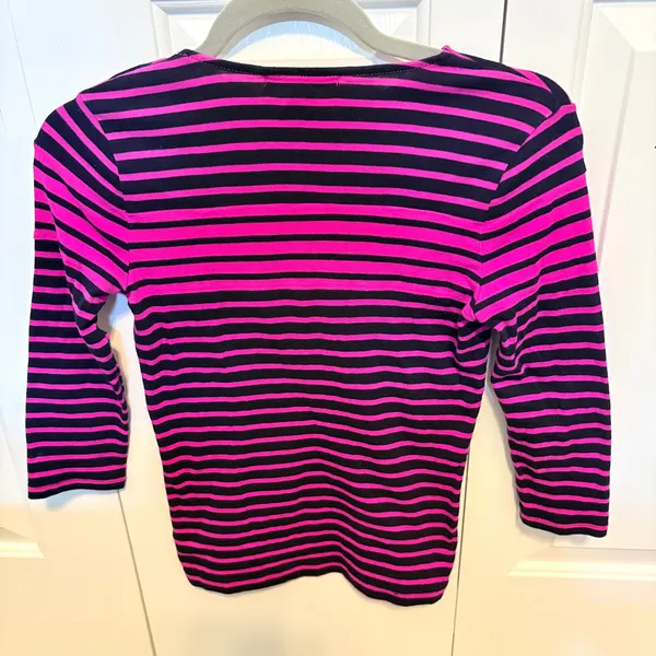 Lauren Ralph Lauren Pink Navy Striped Cotton Boat Neck Top Gold Buttons XS - Image 2