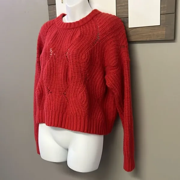Madewell Women’s Heavy Weight Everett Cable Knit Pullover Red Sweater-Small - Image 2