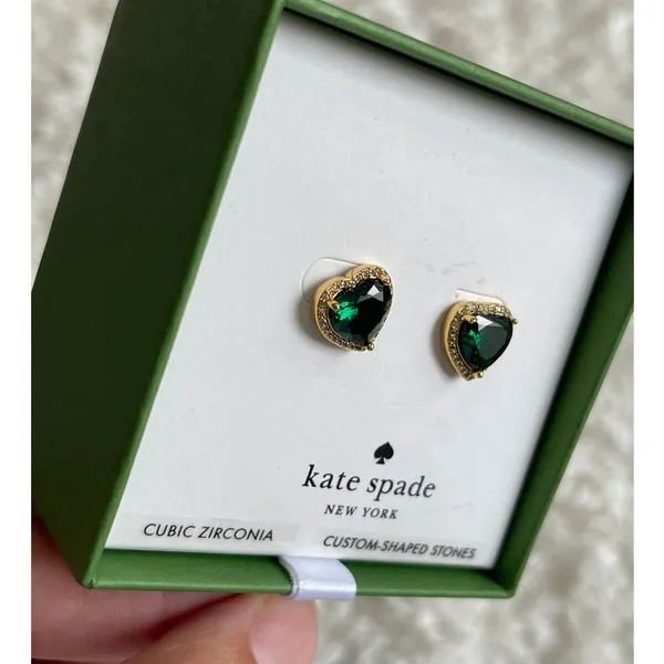 Kate Spade New York Green Heart Stud Earrings Gold Tone Cubic Zirconia NEW - Image 2