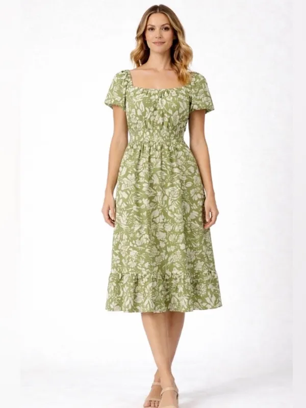 AZ women’s Size S Green Floral Dress Elastic Waist Puff Sleeves NWT/M(E28)✨ - Image 3