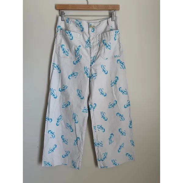Maeve The Colette Wide Leg Pants Women 27 Blue Lobster Print Linen Blend Cropped - Image 2