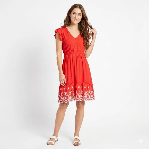 SOLITAIRE Red Summer Dress Women’s Size Medium Boho Eyelet Hem Ruffle Sleeve - Image 13