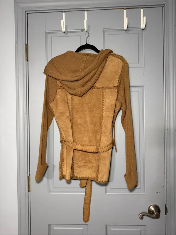 Vintage 80s Genuine Suede Leather Hooded Belted Jacket Sweater Knit Sleeves S/M - Image 5