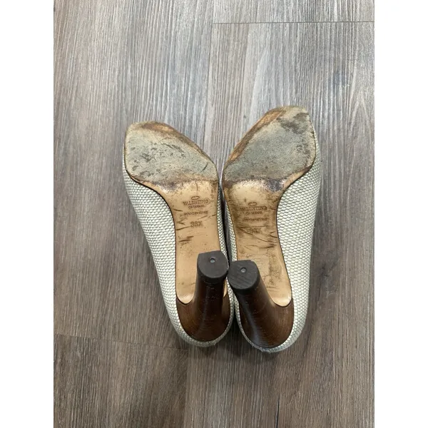Vintage‎ VALENTINO GARAVANI Raffia Leather Cream Wood Heels Size 38.5 - Image 6