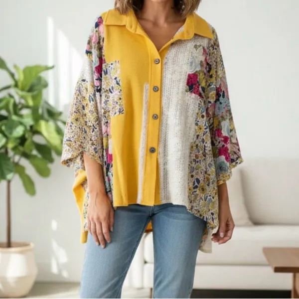 POL Floral/Lace Oversized Crochet Contrast Patchwork Boho Hippie Blouse small - Image 2