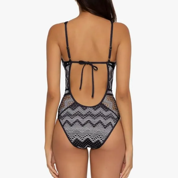 BECCA‎ Show & Tell Crochet Plunge Medium One Piece Black and White Swimsuit - Image 3