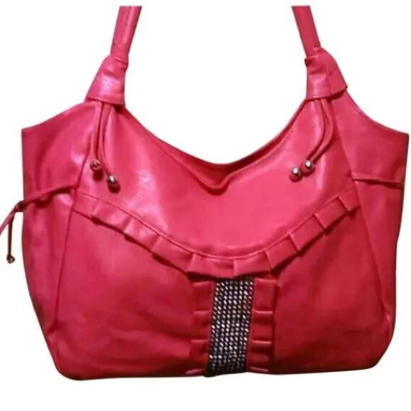 Large Pink Shoulder Bag Purse Rhinestone Accent Ruffle Faux Leather Tote - Image 2
