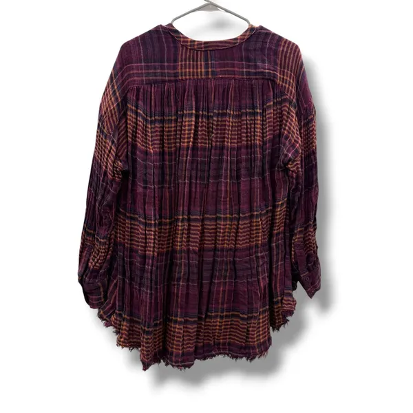 Free People Come On Over Tunic XS Purple Orange Plaid Raw Hem Gauze Boho‎ Top - Image 3