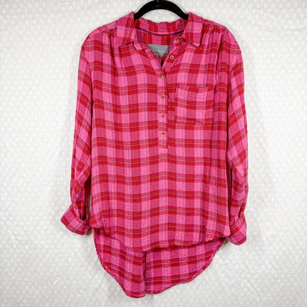 Anthropologie Pink Plaid Isadora‎ Henley Flannel Top - Image 2