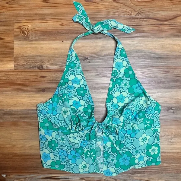Wild Fable NEW Green Retro Floral Tart Halter Crop Top Resort Festival Y2K L - Image 2
