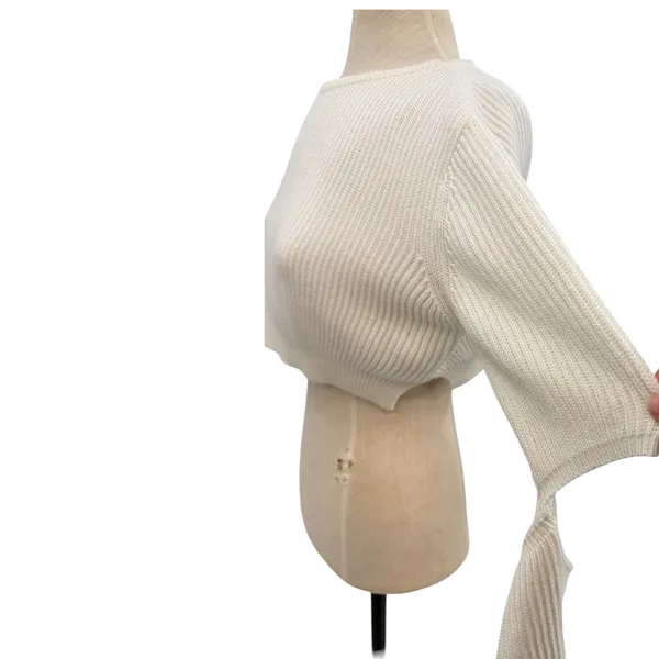 House of CB Tatum Crop Sweater Ivory Cutout‎ Sleeve Rib Knit Top Small - Image 5