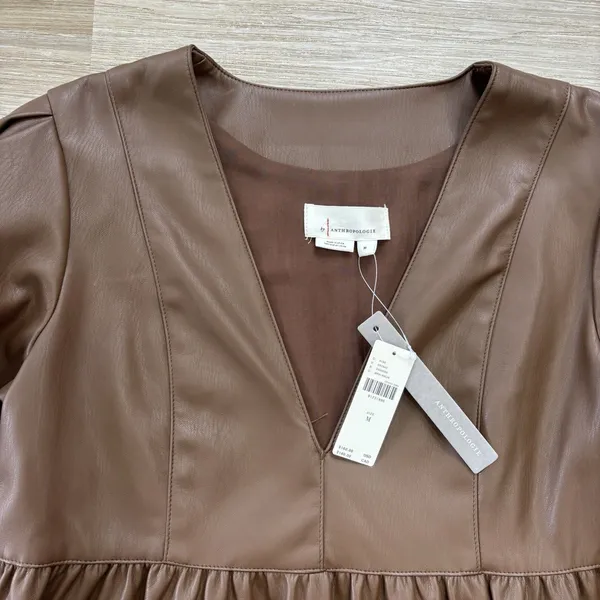 Anthropologie Babydoll Dress Womens Size Medium Brown Faux Leather Mini NWT - Image 4