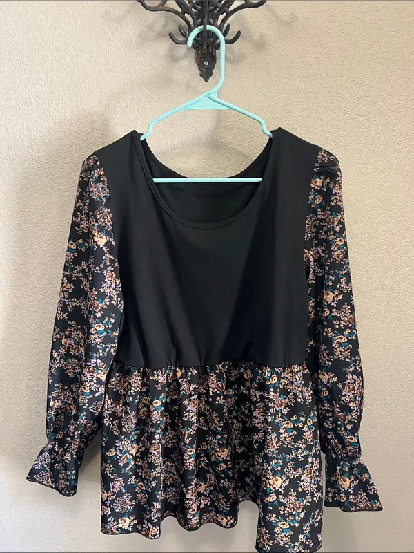 SHEIN Black Floral Peplum Tunic with Pink & Teal Accents - Image 2