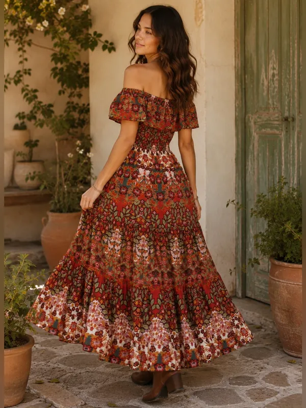 Light & Sound Boho Floral Off Shoulder Maxi Dress Cottagecore Prairie S Western - Image 2