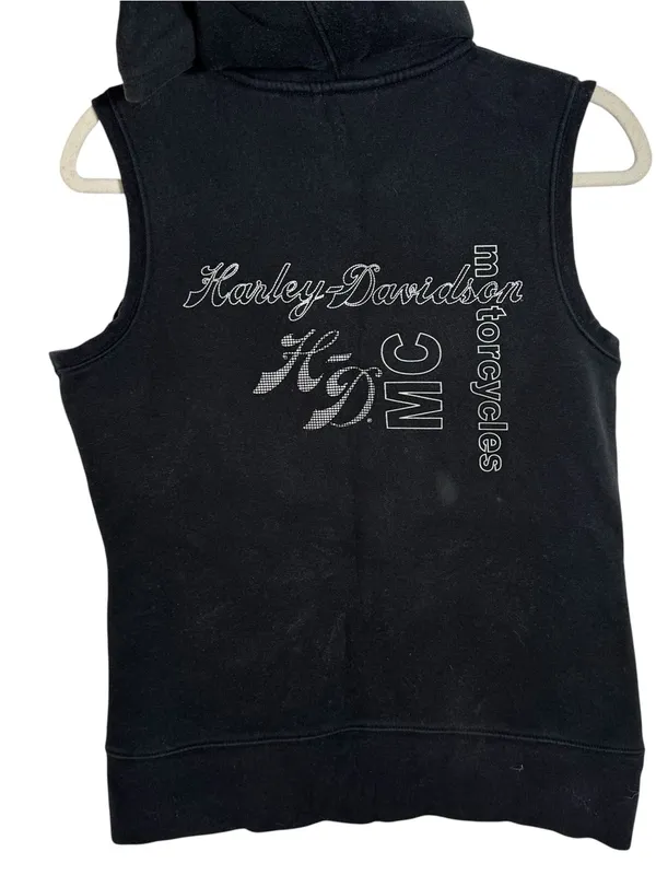 Harley Davidson Hooded Sweatshirt Vest Zip Up Rhinestone Y2K Black Medium - Image 7