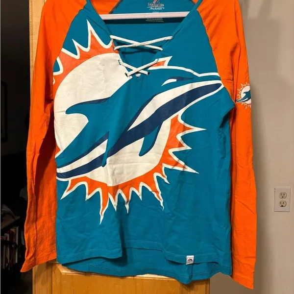 Women's Miami Dolphins Majestic Aqua/Orange Long Sleeve Lace-Up V-Neck T-Shirt l - Image 3